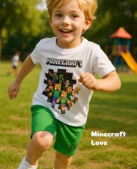 MINECRAFT BASKILI YEŞİL ŞORTLU YAZLIK İKİLİ TAKIM