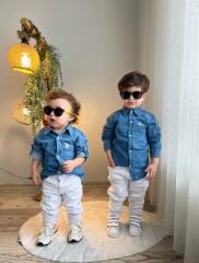 KOT GÖMLEK VE BEYAZ KOT PANTOLON İKİLİ TAKIM