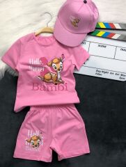 BAMBİ PEMBE ŞAPKALI 3'LÜ YAZLIK TAKIM