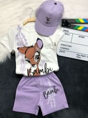 BAMBİ MOR ŞAPKALI 3'LÜ YAZLIK TAKIM