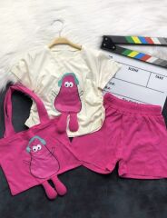 PEMBE AVOKADO BASKILI ÇANTALI 3'LÜ YAZLIK TAKIM