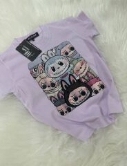 LABUBU BASKILI LİLA TİŞÖRT SİYAH BERMUDA TAYTLI YAZLIK İKİLİ TAKIM