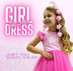 BARBIE BASKILI KIZ ÇOCUK ELBİSE VE ÇİÇEKLİ TAÇ